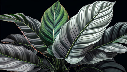 Grey calathea lutea leaf pattern design with dark background, Generative AI 