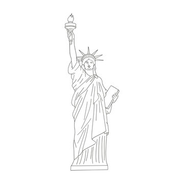 The Statue of Liberty linear vector clip-art isolated on white. Patriotic USA illustration. Symbol of liberty design element