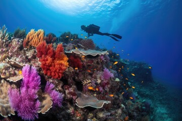 scuba diver swimming through colorful coral reef, with schools of fish visible in the background, created with generative ai