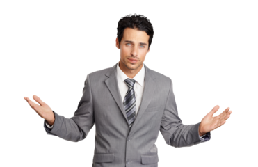 Confused, open arms and portrait of business man on isolated, png and transparent background. Corporate, professional and male entrepreneur with serious, doubt and unsure for decision or choice