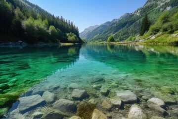 crystal clear lake, with view of the surrounding landscape, in mountain setting, created with generative ai