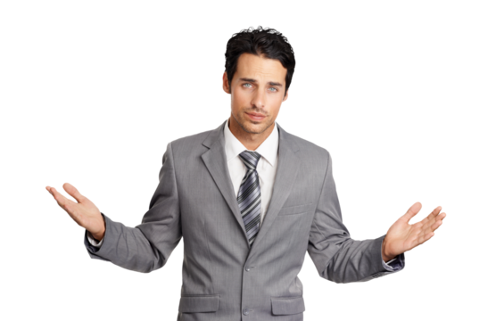 Confused, open arms and portrait of business man on isolated, png and transparent background. Corporate, professional and male entrepreneur with serious, doubt and unsure for decision or choice - Powered by Adobe
