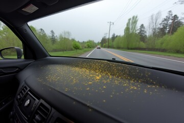 Fototapeta na wymiar a black car with a blanket of yellow pollen, created with generative ai