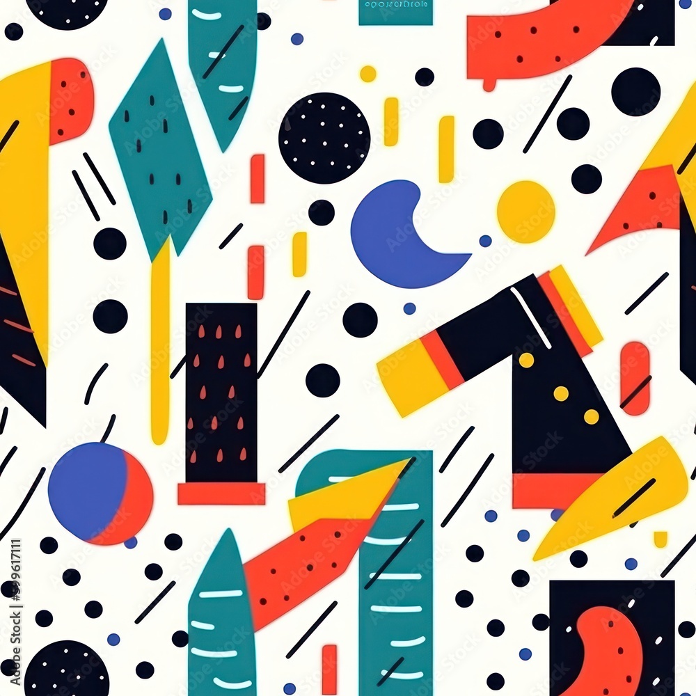 Poster memphis style colorful shapes on white background seamless pattern