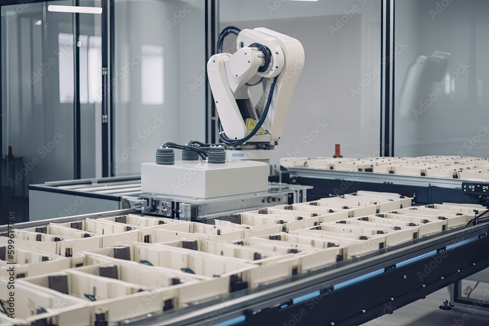 Sticker packaging and sorting robots in futuristic, high-tech factory, created with generative ai