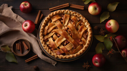 Traditional American Thanks Giving pie with whole organic apples, cinnamon sticks on wooden table. Homemade fruit tart baked to golden crust. Close up, copy space, AI Generative