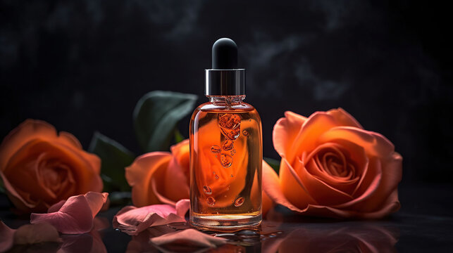 Bottle of vitamin C serum and rose flower in water on color background, AI Generative