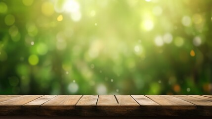 Wood table top on green bokeh abstract background. Generative AI