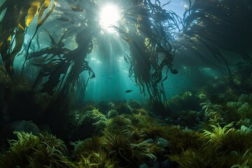 Fototapeta na wymiar kelp forest with schools of fish and octopus hiding among the fronds, created with generative ai