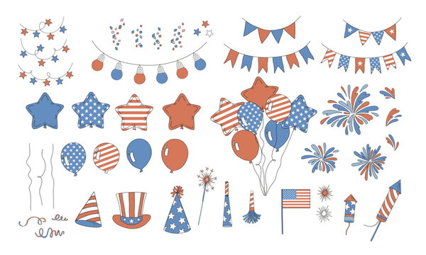 Patriotic USA Day festal vector clip-art set isolated on white. American flag, balloons, banners, fireworks, hat, confetti illustration collection. USA party design element.