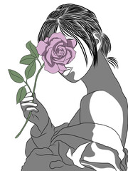 Hand drawn.Woman and beautiful rose flower,Bridal crown,creative with illustration in flat design.Couple of love.