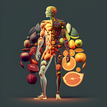 Fr&uuml;chte und Gem&uuml;se als Menschlicher K&ouml;rper, Ern&auml;hrung, erstellt mit KI