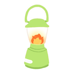 Hand-drawn Cute green camping lantern, lamp, fire, Camping character design in doodle style
