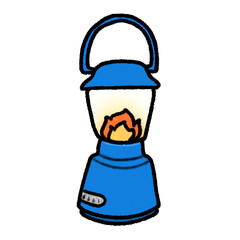 Hand-drawn Cute blue camping lantern, lamp, fire, Camping character design in doodle style