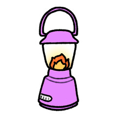 Hand-drawn Cute purple camping lantern, lamp, fire, Camping character design in doodle style