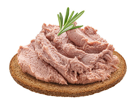 Bread slice with liver pate isolated on white background