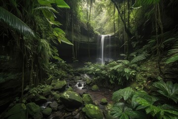 majestic waterfall cascading into lush jungle valley, created with generative ai