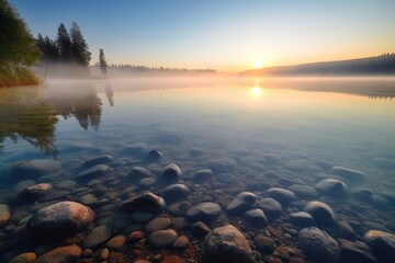 crystal clear lake, with view of the sunrise and mist floating on the water, created with generative ai