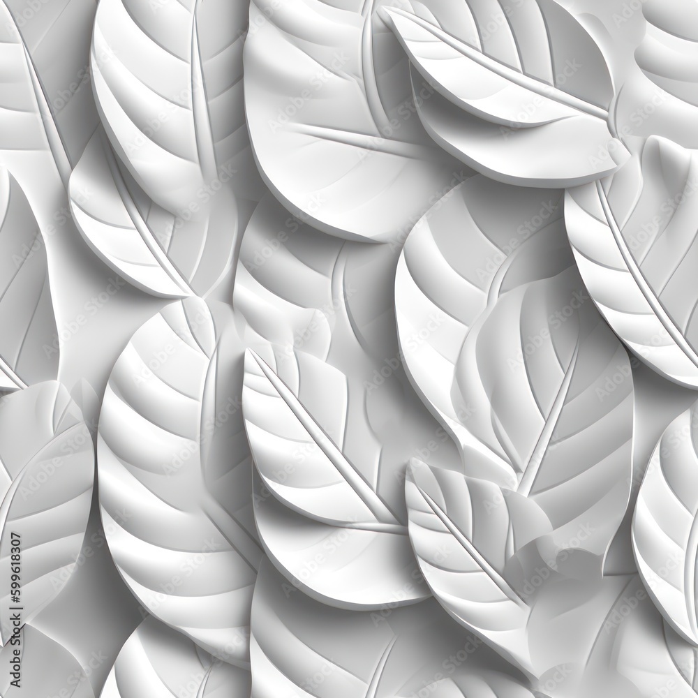 Poster leaves shaped textured white color and shadows background seamless pattern