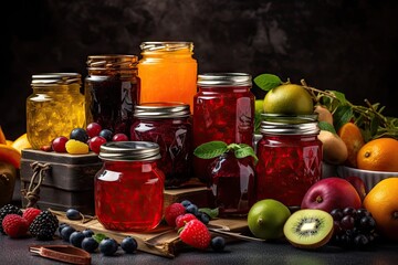 Fototapeta na wymiar colorful assortment of homemade fruit preserves in glass jars, created with generative ai