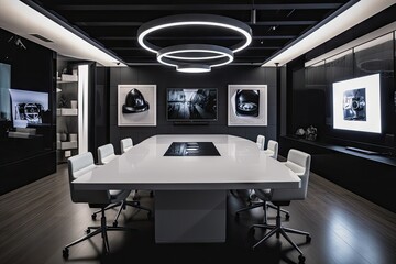 high-tech conference table surrounded by sleek and minimalist decor, created with generative ai