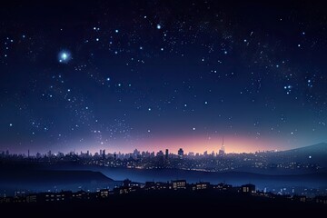 starry night sky with shining stars and glowing city in the background, created with generative ai