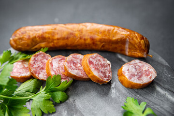 montbeliard sausage meat pork, beef fresh, collagen casing sausage food snack on the table copy space food background rustic top view