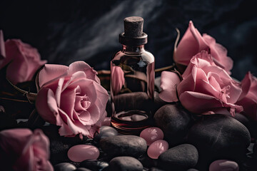 spa still life with pink roses and stones. Generative AI image.