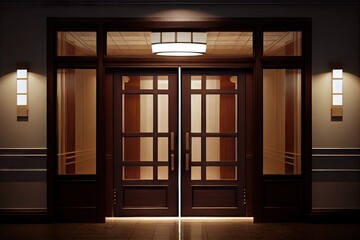 pair of double doors, with glass panels, leading into hotel lobby or office building, created with generative ai