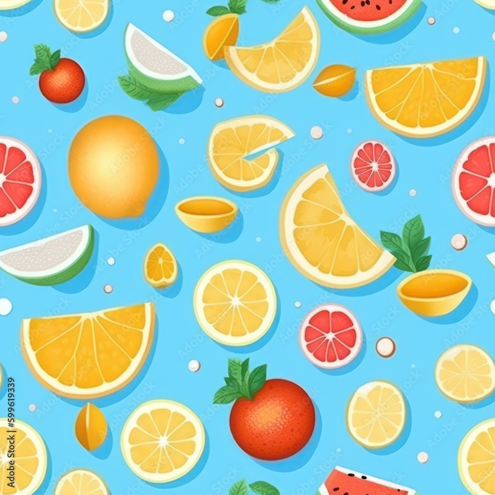 Poster bright colored summer fruits and slices background seamless pattern