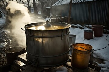 maple sap evaporator with steam rising from warm syrup and bucket of fresh sap, created with generative ai - obrazy, fototapety, plakaty
