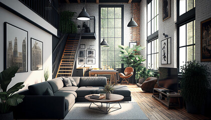 A living room with a large window and a couch with a couch and a coffee table, Generative AI 