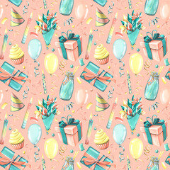 Gifts, delicious drinks, cupcake, flowers, balloons and confetti, candles for cake. Watercolor illustration. Seamless pattern on a pink background from the HAPPY BIRTHDAY collection. For design