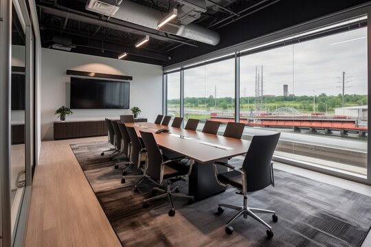 furnished meeting room with view of an active factory floor, showcasing the company's commitment to industry and innovation, created with generative ai