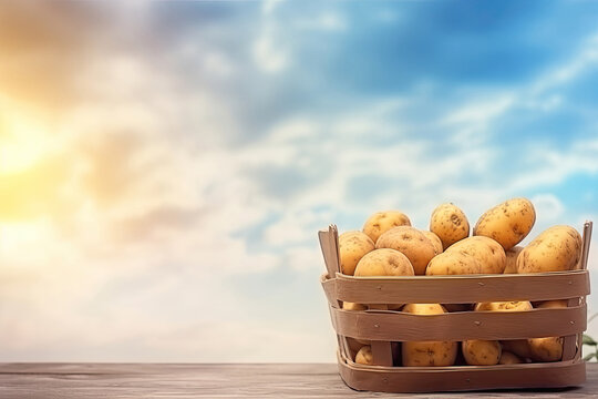 Basket full of potatoes standing on the table, blue sky background, Generative AI