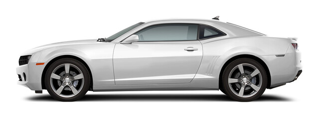 Modern powerful american muscle car in white color. Side view on a transparent background, in PNG format.