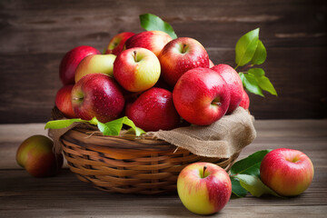 Naklejka na ściany i meble Basket full of ripe apples on wooden background, Generative AI