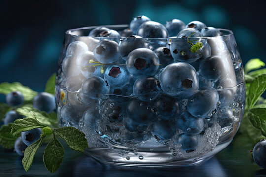 glass filled with blueberries. Generative AI image.