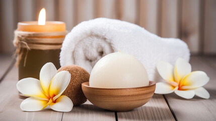 Obraz na płótnie Canvas Spa composition massage herbal ball, plumeria flower in vase,coconut coffee soap,white towels and candle on white wood table background, soft white tone still life. AI Generative
