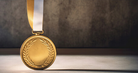 Close-up of golden medal with ribbon, Generative AI