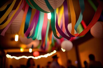 paper streamer hanging from the ceiling of a party or event, with lights and other decorations in the background, created with generative ai