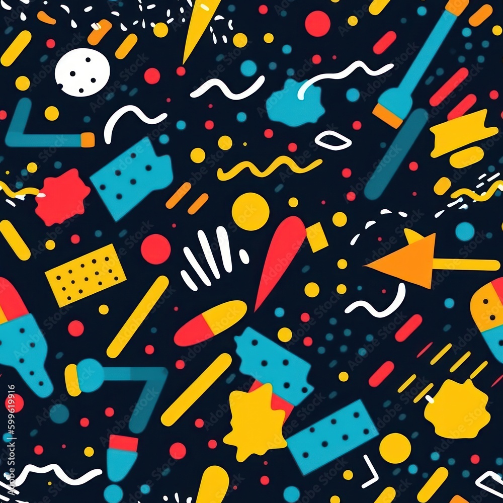 Poster colorful memphis forms and shapes on black background seamless pattern