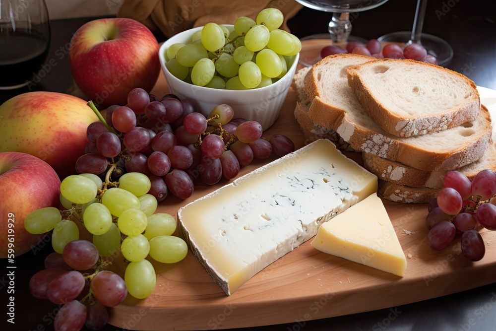 Wall mural simple sandwich of bread, cheese, and ripe fruit for a satisfying lunch, created with generative ai