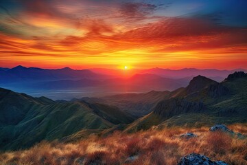 Fototapeta na wymiar majestic mountain range with a sunrise, showcasing the vibrant colors of the sunrise and sky, created with generative ai