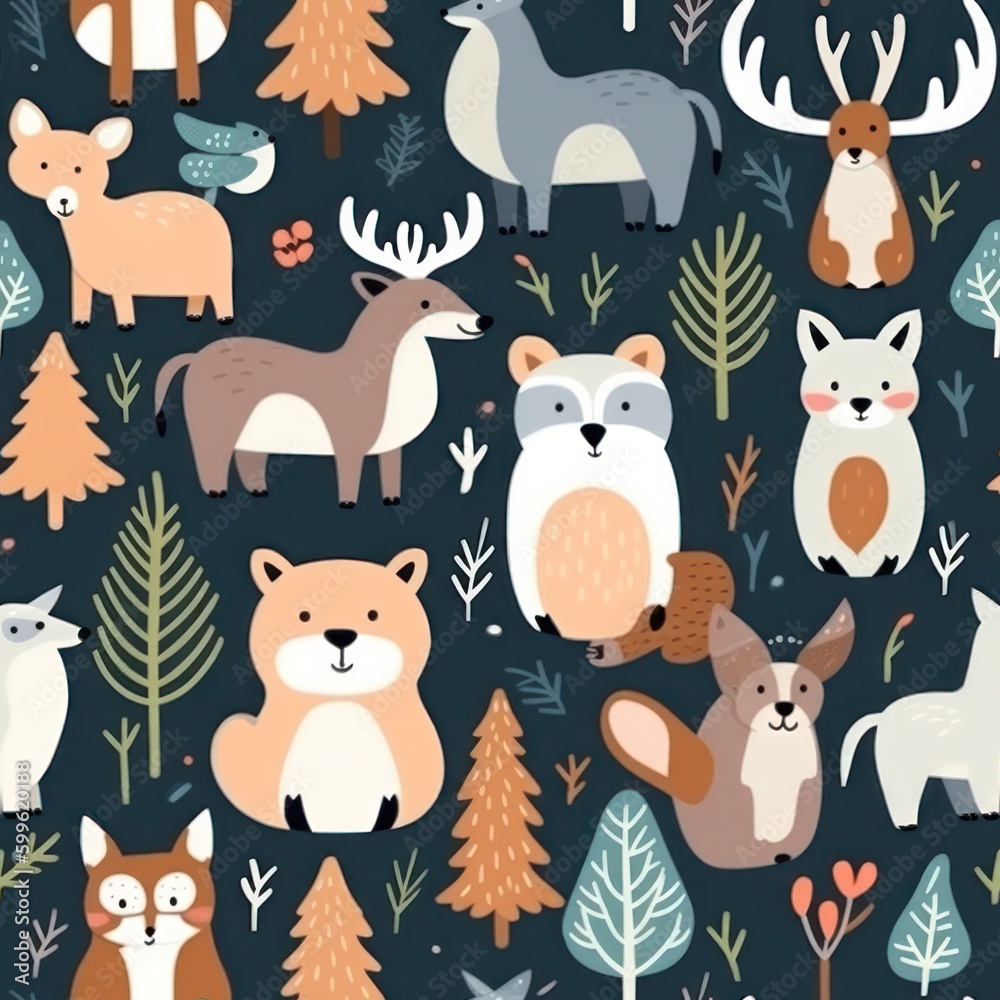 Poster cute animals and forest trees on black background seamless pattern