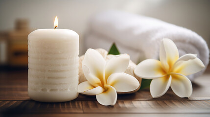 Obraz na płótnie Canvas Spa composition massage herbal ball, plumeria flower in vase,coconut coffee soap,white towels and candle on white wood table background, AI Generative
