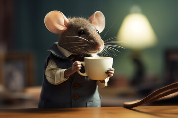 a mouse being a detective and drinking coffee | Generative Ai