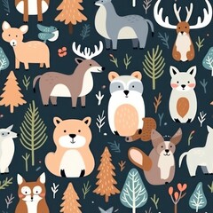 cute animals and forest trees on black background seamless pattern