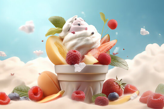 Delicious fruit ice cream.AI technology generated image