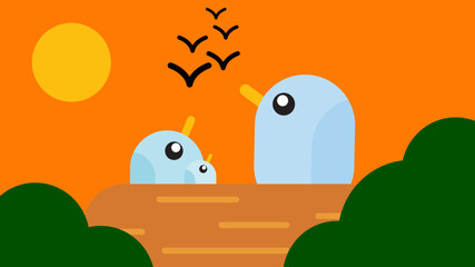 Mommy bird with her two baby chicks in the nest.